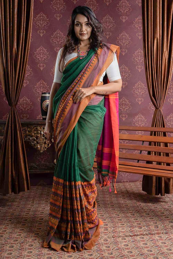 Handloom Begampuri Work Cotton Saree - Japanese Laurel, Cotton (CK)