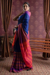 Handloom Begampuri Work Cotton Saree - Navy Blue, Cotton (CK)