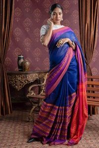 Handloom Begampuri Work Cotton Saree - Navy Blue, Cotton (CK)