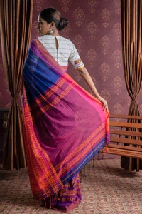 Handloom Begampuri Work Cotton Saree - Navy Blue, Cotton (CK)