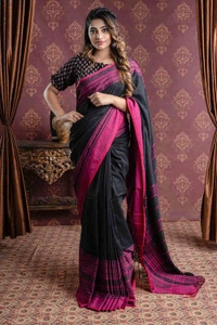 Handloom Begampuri Work Cotton Saree - Black, Cotton (CK)