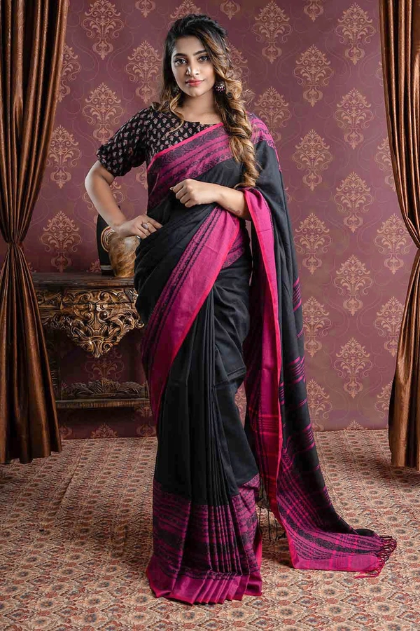 Handloom Begampuri Work Cotton Saree - Black, Cotton (CK)