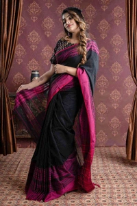 Handloom Begampuri Work Cotton Saree - Black, Cotton (CK)