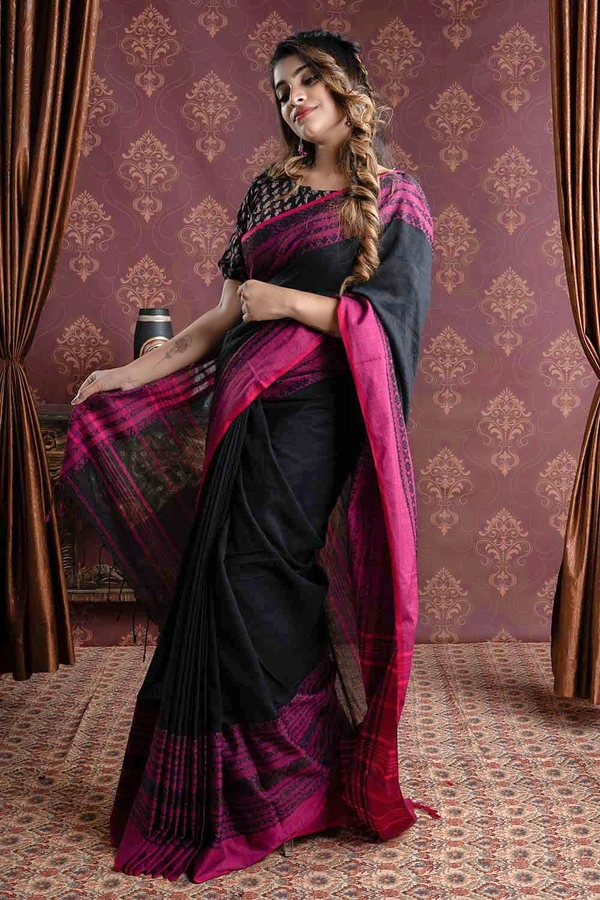Handloom Begampuri Work Cotton Saree - Black, Cotton (CK)