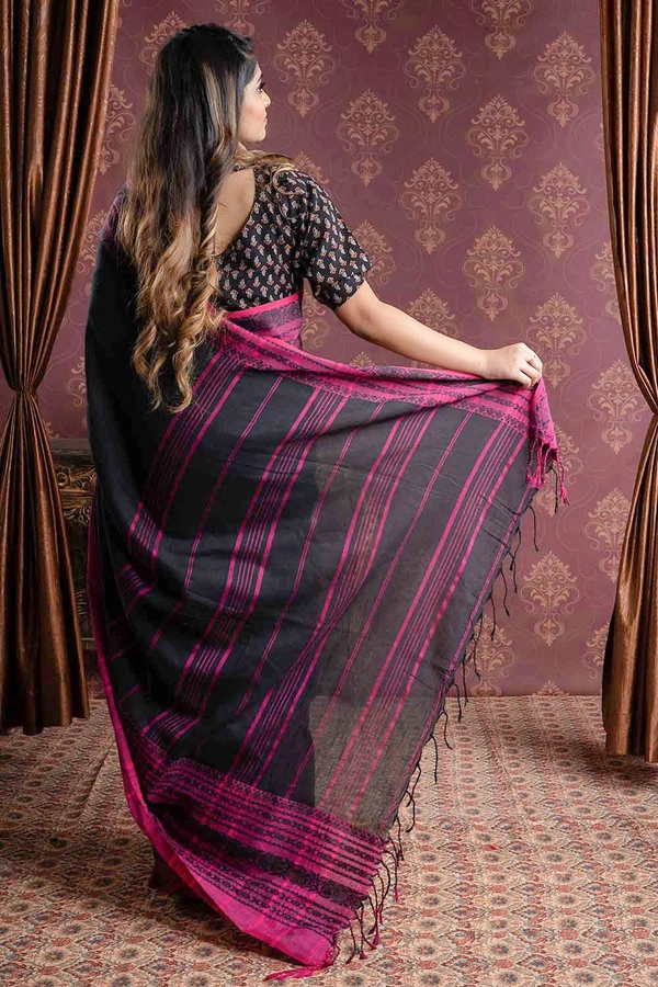 Handloom Begampuri Work Cotton Saree - Black, Cotton (CK)