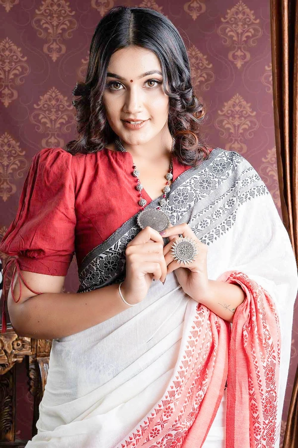 Handloom Begampuri Work Cotton Saree - White, Cotton (CK)