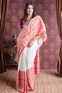 Handloom Begampuri Work Cotton Saree - White, Cotton (CK)