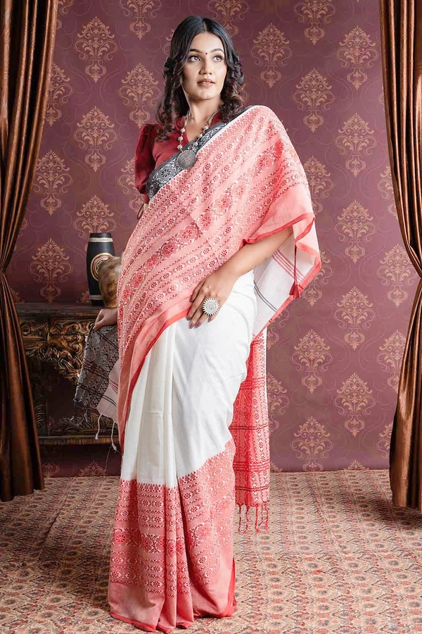 Handloom Begampuri Work Cotton Saree - White, Cotton (CK)