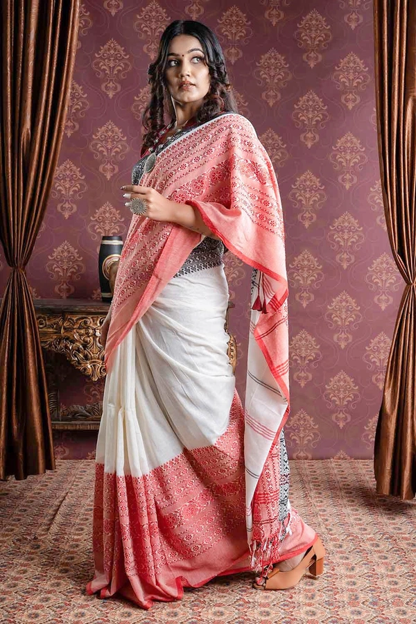 Handloom Begampuri Work Cotton Saree - White, Cotton (CK)