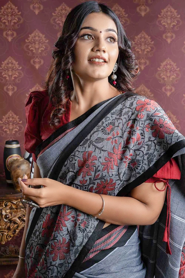Handloom Multi Mina Begampuri Work Saree - Silver, Cotton (CK)