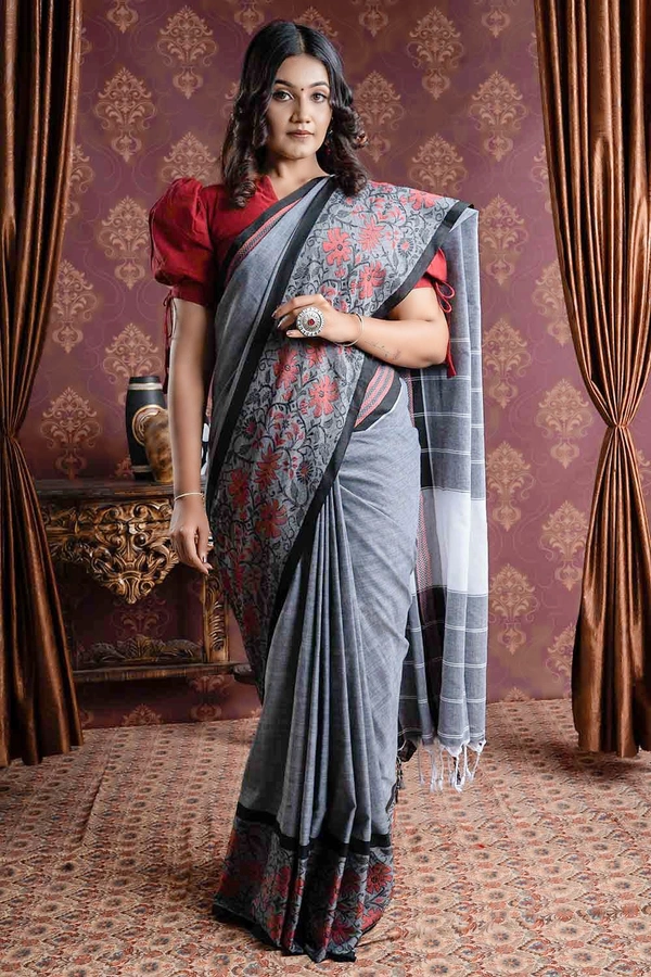 Handloom Multi Mina Begampuri Work Saree - Silver, Cotton (CK)
