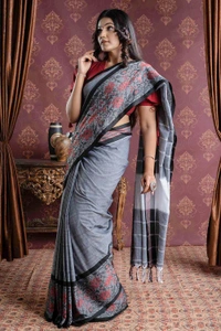 Handloom Multi Mina Begampuri Work Saree - Silver, Cotton (CK)