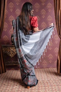 Handloom Multi Mina Begampuri Work Saree - Silver, Cotton (CK)