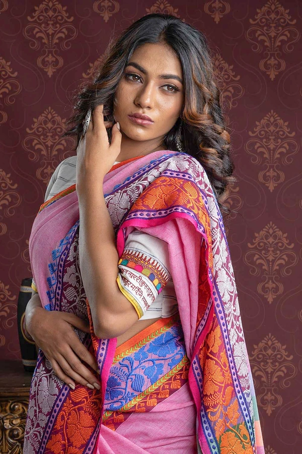 Handloom Leaf Mina Begampuri Work Saree - Cotton Candy, Cotton (CK)