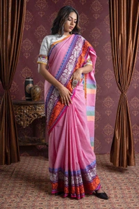 Handloom Leaf Mina Begampuri Work Saree - Cotton Candy, Cotton (CK)