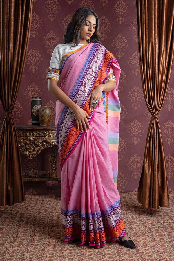 Handloom Leaf Mina Begampuri Work Saree - Cotton Candy, Cotton (CK)