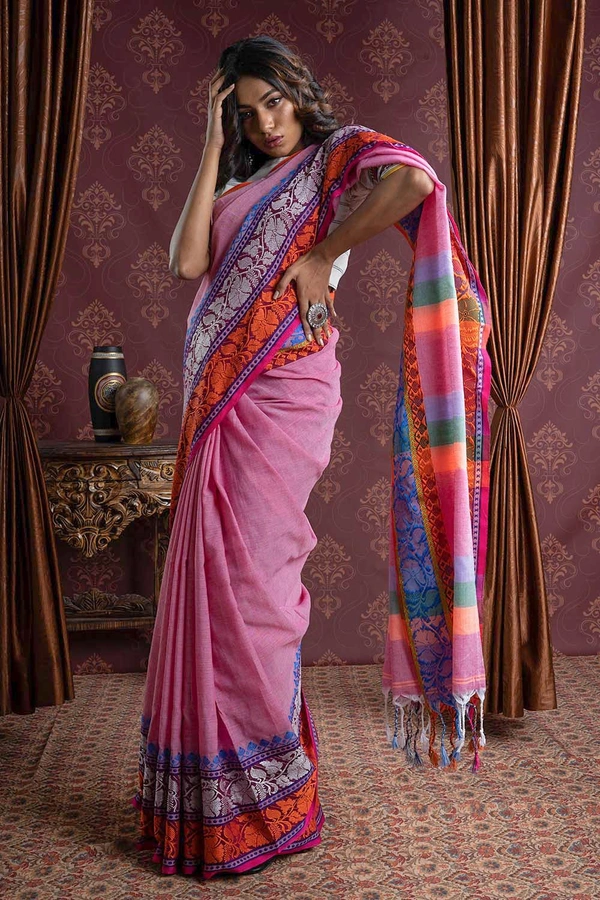 Handloom Leaf Mina Begampuri Work Saree - Cotton Candy, Cotton (CK)