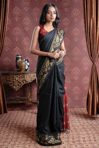 Handloom Jamdani Woven Cotton Zari Pallu Saree - Black, Cotton