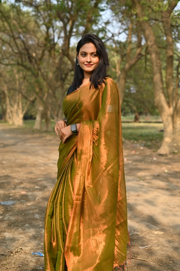 Handloome Solid Color Tissue Cotton Saree - Gold, Med