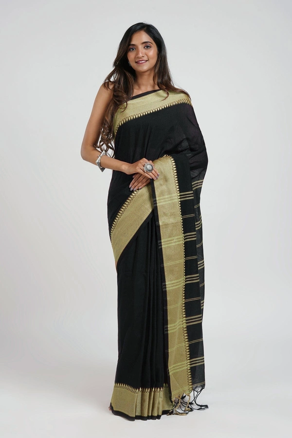 Handloom Woven Border Cotton Maheswari Saree - Black