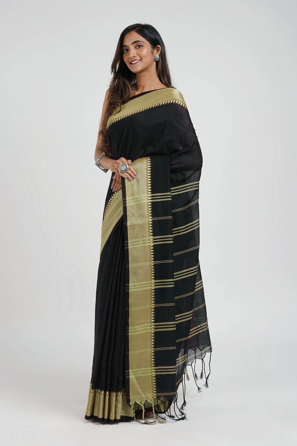 Handloom Woven Border Cotton Maheswari Saree - Black