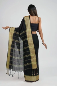 Handloom Woven Border Cotton Maheswari Saree - Black
