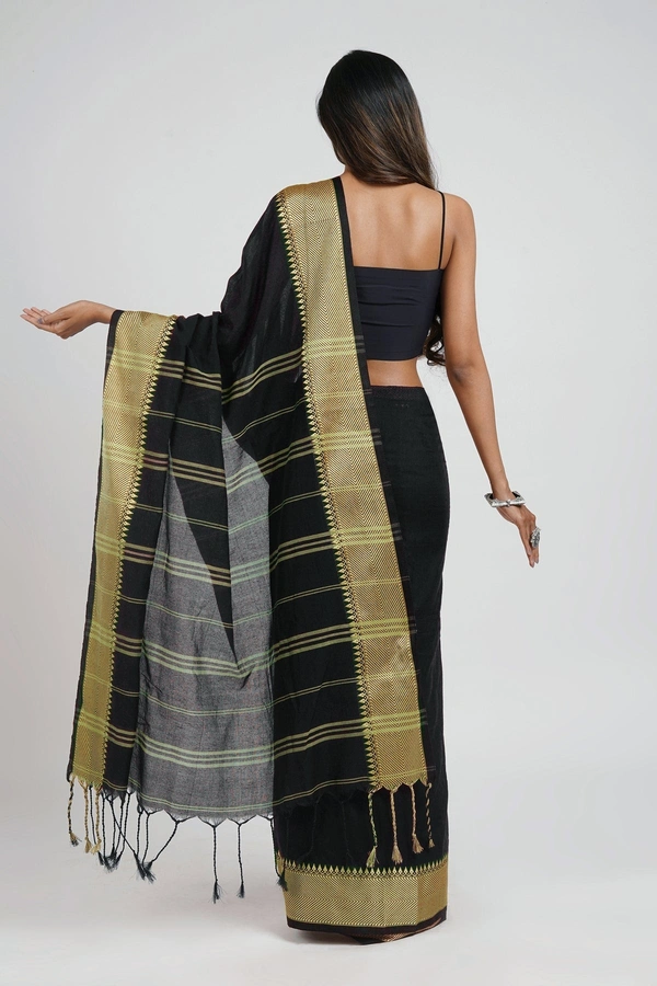 Handloom Woven Border Cotton Maheswari Saree - Black
