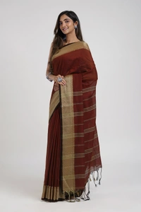 Handloom Woven Border Cotton Maheswari Saree - Brown
