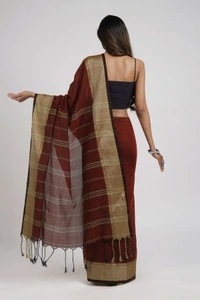 Handloom Woven Border Cotton Maheswari Saree - Brown