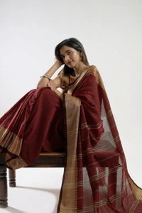 Handloom Woven Border Cotton Maheswari Saree - Brown