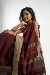 Handloom Woven Border Cotton Maheswari Saree - Brown