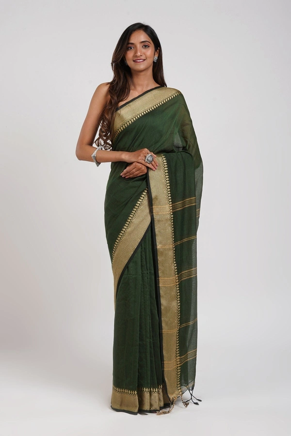 Handloom Woven Border Cotton Maheswari Saree - Dark Green