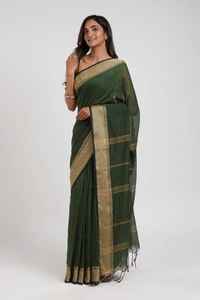 Handloom Woven Border Cotton Maheswari Saree - Dark Green