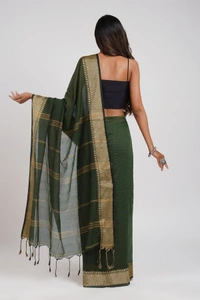 Handloom Woven Border Cotton Maheswari Saree - Dark Green