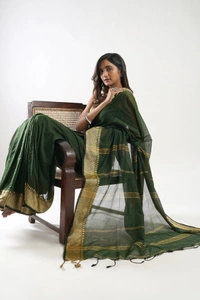 Handloom Woven Border Cotton Maheswari Saree - Dark Green
