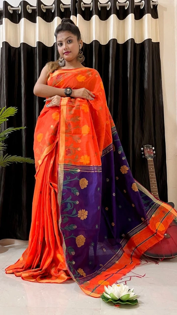 Som Handloom Floral Border Cotton Silk Saree - Orange