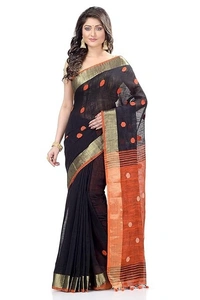 Traditional Bengali Handloom Ball Saree - Black