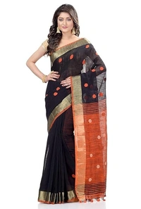 Traditional Bengali Handloom Ball Saree - Black