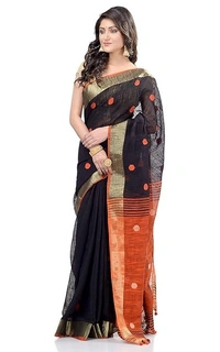 Traditional Bengali Handloom Ball Saree - Black