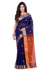 Traditional Bengali Handloom Ball Saree - Blue