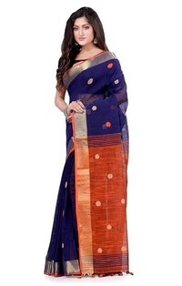 Traditional Bengali Handloom Ball Saree - Blue