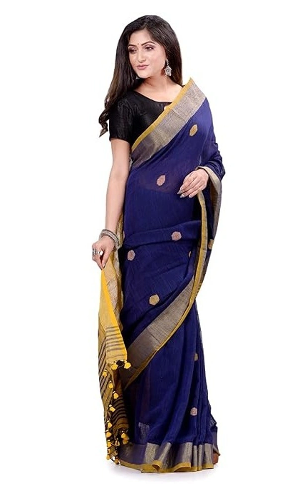 Traditional Bengali Handloom Ball Saree - Dark Blue