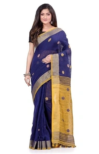Traditional Bengali Handloom Ball Saree - Dark Blue