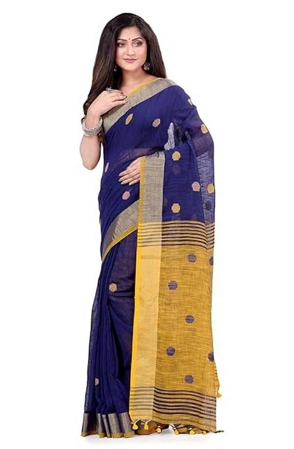 Traditional Bengali Handloom Ball Saree - Dark Blue