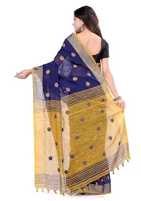 Traditional Bengali Handloom Ball Saree - Dark Blue