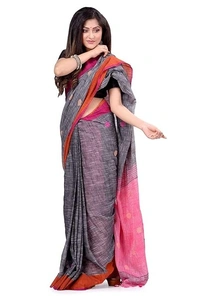 Traditional Bengali Handloom Ball Saree - Silver