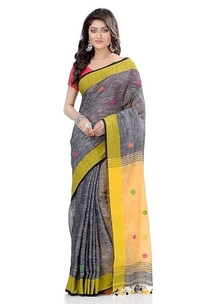 Traditional Bengali Handloom Ball Saree - Gray