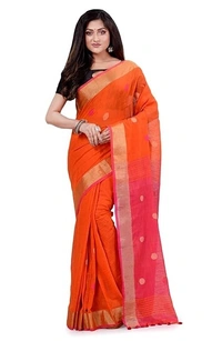Traditional Bengali Handloom Ball Saree - Orange