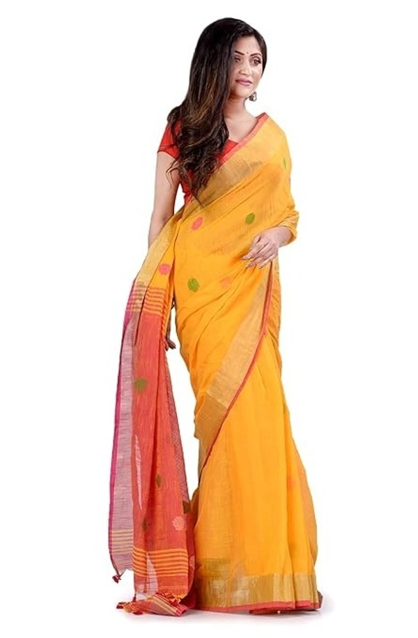 Traditional Bengali Handloom Ball Saree - Yellow