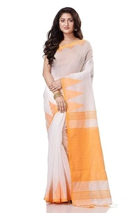 Handloom Temple Border Slub Cotton Silk Saree - White